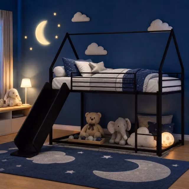 Letto a castello 90x190 cm con scivolo e design casetta; struttura in metallo nero