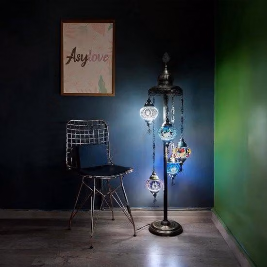 Lampada da terra turca con 5 sfere di vetro mosaico realizzate a mano - lampada da terra orientale colorata