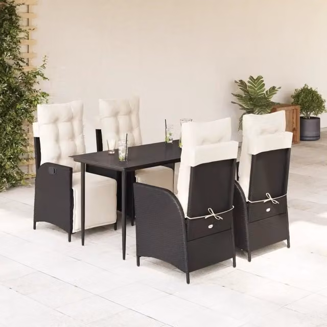 Set da Pranzo da Giardino 5 pz Nero con Cuscini in Polyrattan