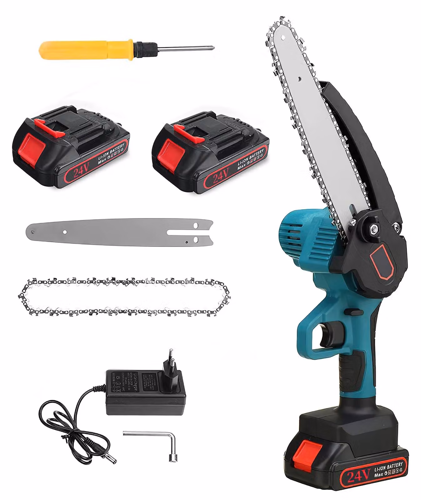 Mini motosega a batteria - Motosega elettrica compatta - Lame da 20 cm - 2 batterie incluse - Senza fili - Ideale per legno e alberi