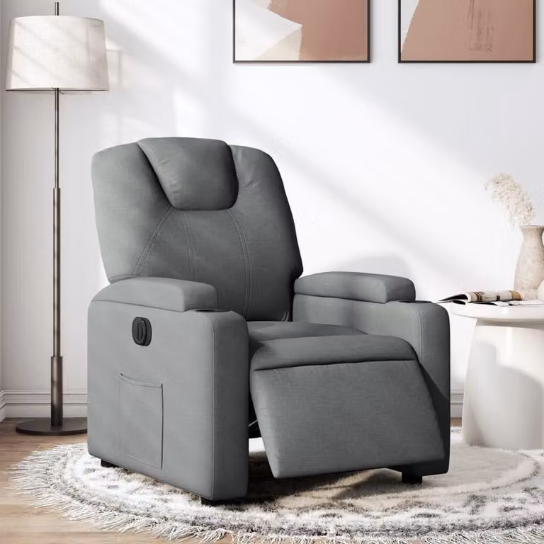 Poltrona reclinabile elettrica, rivestita in tessuto grigio scuro, con porta USB e portabicchieri