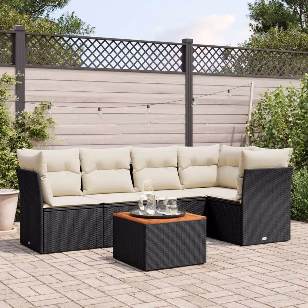 Set Divano da Giardino vidaXL 6 pz in Polyrattan Nero con Cuscini e Tavolino da Caffè – 1