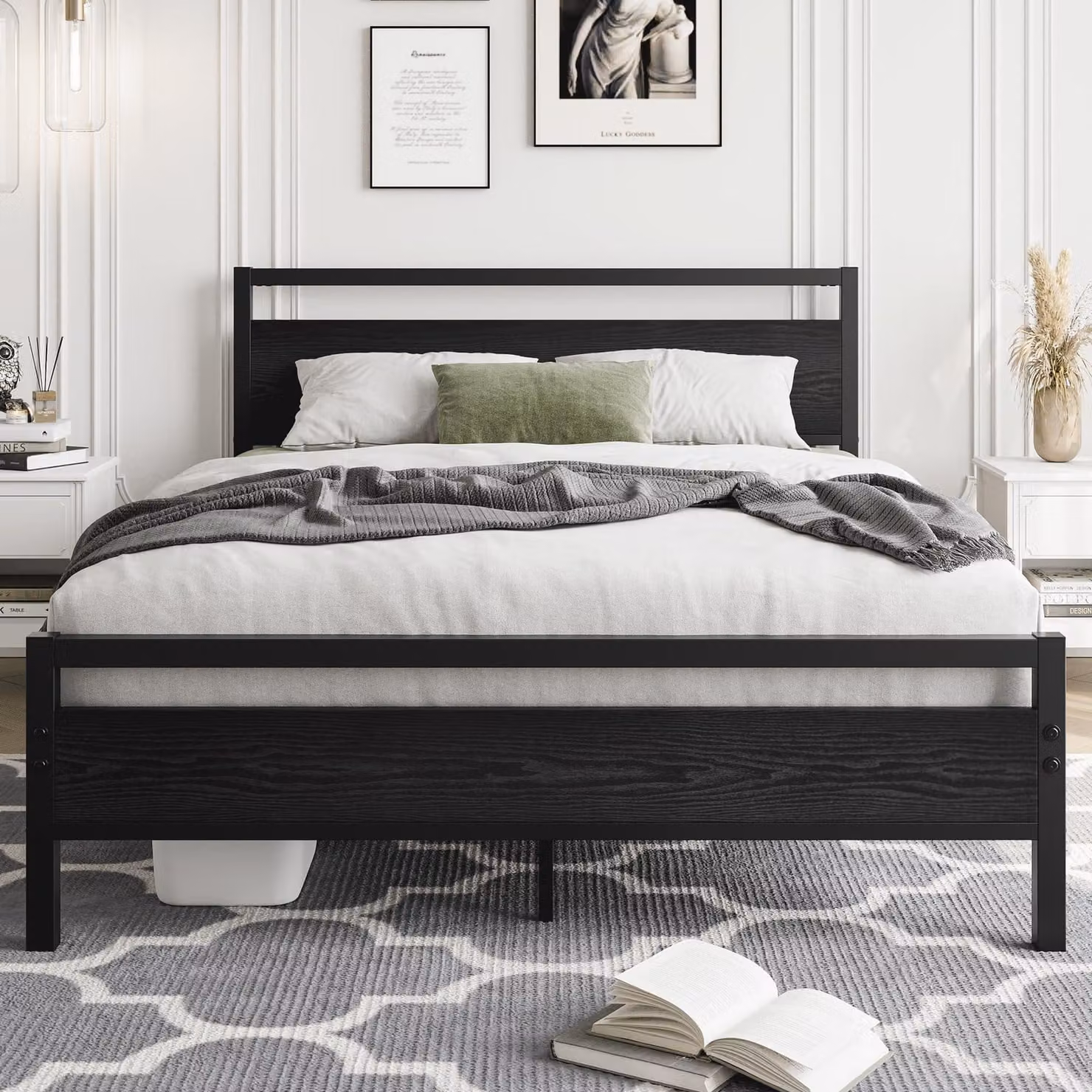 Struttura per letto matrimoniale 135x190 cm con testiera in legno, colore nero, realizzata in metallo, con spazio contenitivo