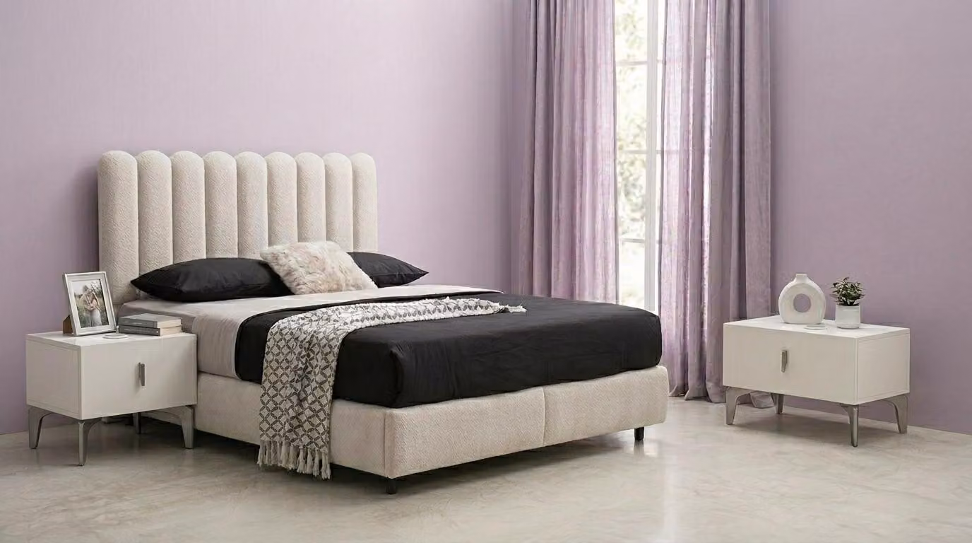 Set per camera da letto: letto, testiera, 2 comodini, design moderno, colore bianco, comfort