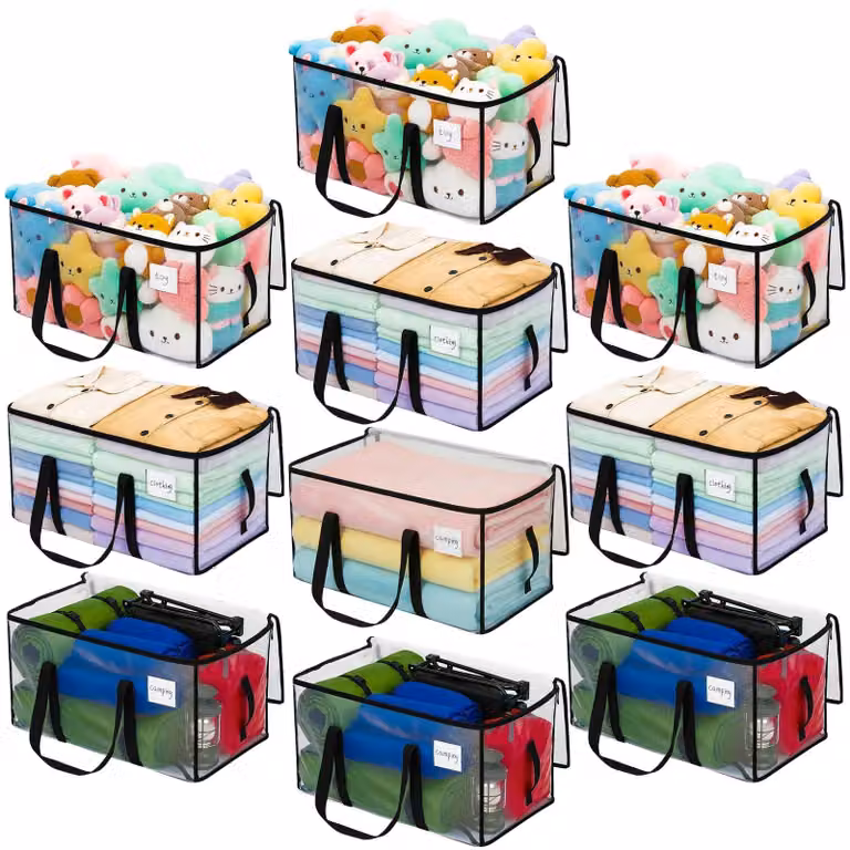Omgoods - Borsa portaoggetti da 90 litri - Trasparente - Con coperchio - Con chiusura a zip - Con maniglia - Set da 10 pezzi - Adatta per lo stoccaggio di abbigliamento - Contenitori portaoggetti