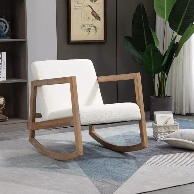 Sedia a dondolo relax OKWISH con cuscino imbottito e struttura in legno di gomma, colore bianco