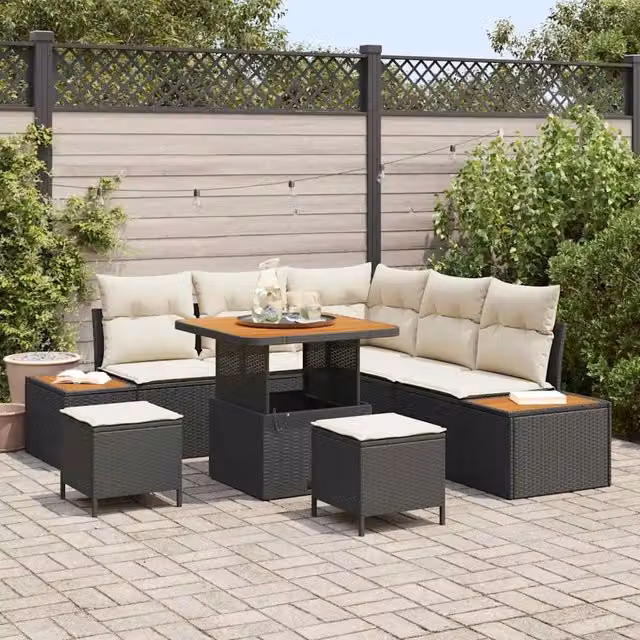 Set Divano da Giardino 8 pz 7-Numero di posti Nero Poly Rattan 3364860