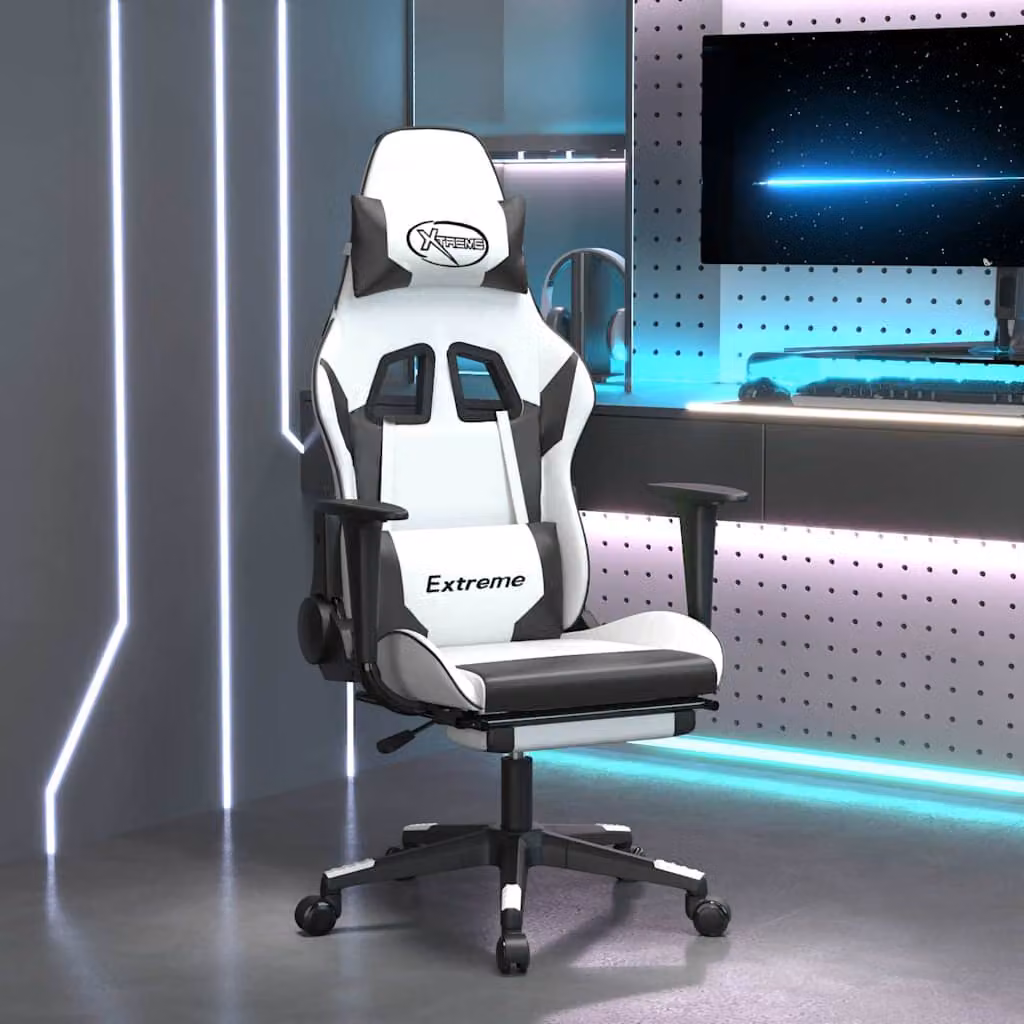 Sedia da Gaming vidaXL con Poggiapiedi, Bianco e Nero in Similpelle, Regolabile e Ruotabile 360°