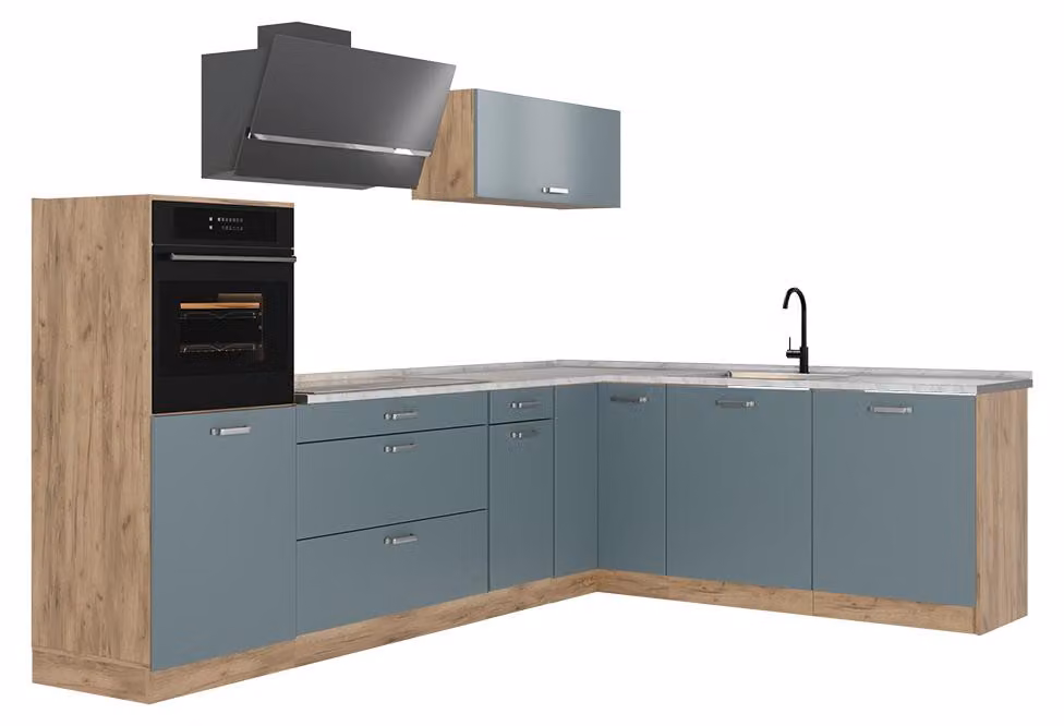 Cucina angolare completa Vicco R-Line Grigio-blu/Rovere dorato 287 x cm piano di lavoro Marmo, Model 67467