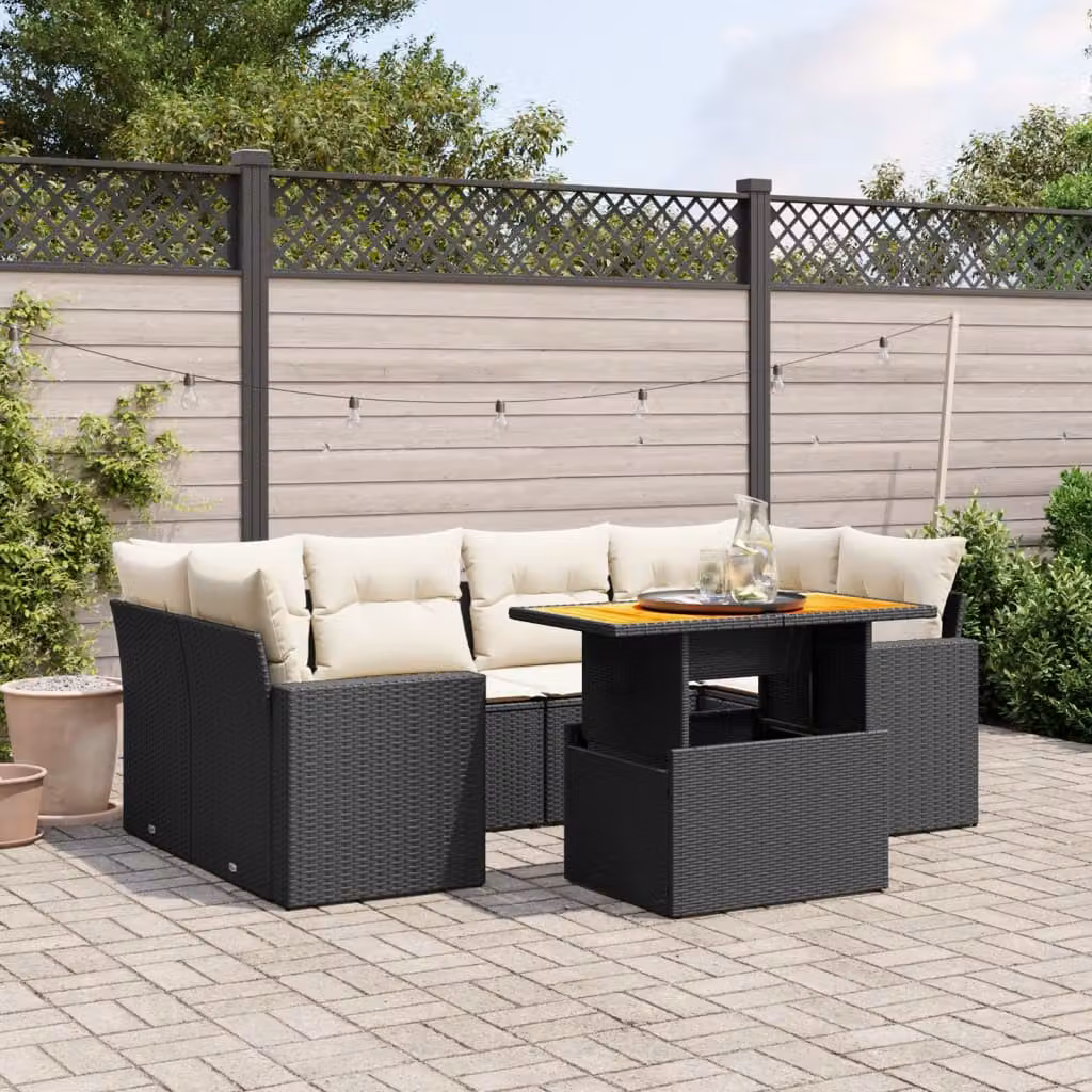 Set Divani da Giardino vidaXL a Forma di L in Polyrattan Nero con Cuscini e Tavolino da Esterno – 1