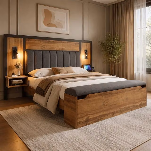 Letto 180x200 cm con panca contenitore, luci da lettura e USB/USB-C in MDF color rovere