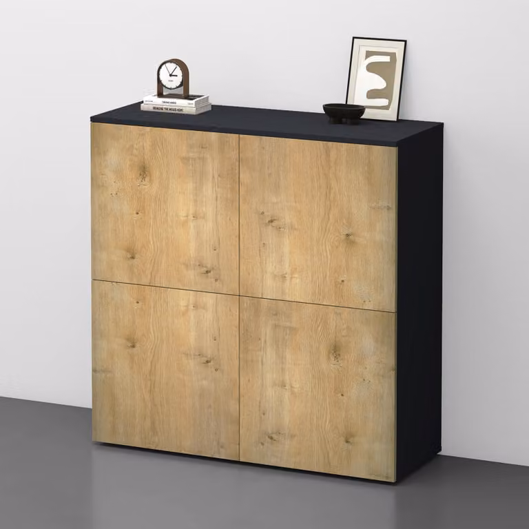 doporro Mobile Organizzatore Credenza Buffet in Legno con 4 Ante Push-to-Open e Soft-Close per Soggiorno, Sala da Pranzo o Ingresso, 100x36,4x100 cm Antracite opaco e Marrone chiaro Schrank04