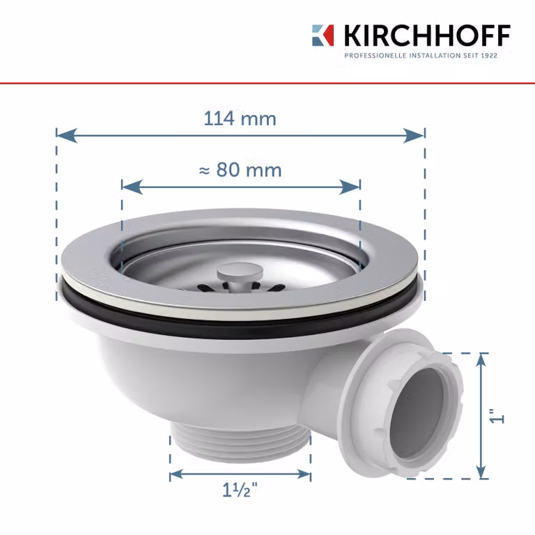 Valvola a cestello, 1 1/2" AG, calotta valvola e filtro in acciaio inox Ø 114 mm, con raccordo di troppo pieno da 1"