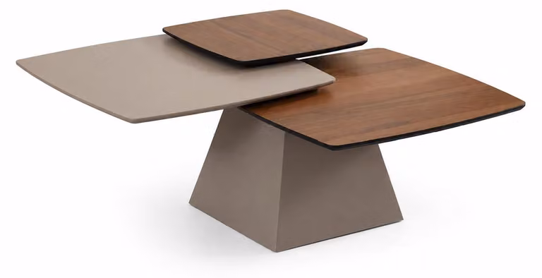 Tavolino da caffè moderno, in legno di noce, color marrone, a tre livelli, dal design dinamico e asimmetrico