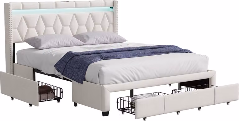Letto Moonbite con contenitore, dimensioni 160x200 cm, rivestito in lino beige, con 4 cassetti metallici, illuminazione LED, porta USB, testiera imbottita con motivo a rombi, capacità di carico: 300 kg