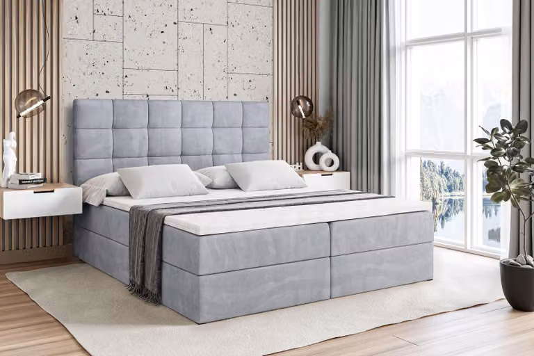 Letto boxspring ALTDECOR con materasso e rete a doghe - BRUGO - 200x200 cm - Grigio Monolith - Letto boxspring, topper, letto imbottito con contenitore, letto con contenitore H4 - Materasso, letto matrimoniale, letto boxspring