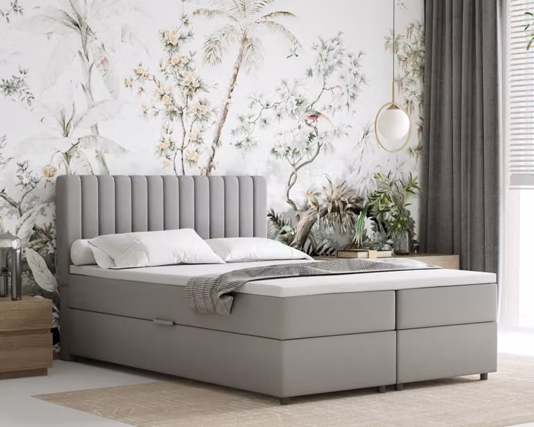 Letto boxspring 140x200 EVEREST, con topper, con contenitori, letto matrimoniale, grigio chiaro, Panda Möbel