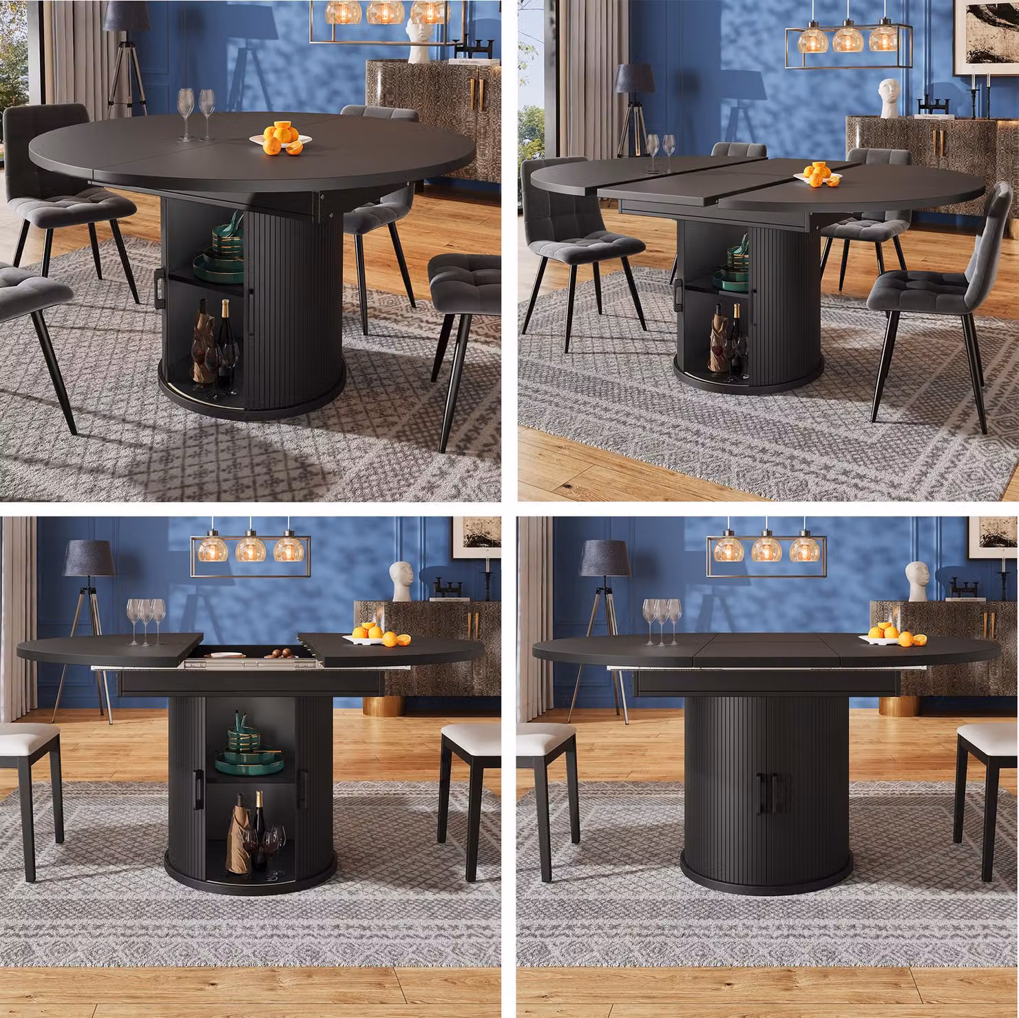 okwish Tavolo da cucina rotondo allungabile Tavolo da pranzo con piano allungabile per 6 persone, tavolo da balcone con ante scorrevoli curve, nero