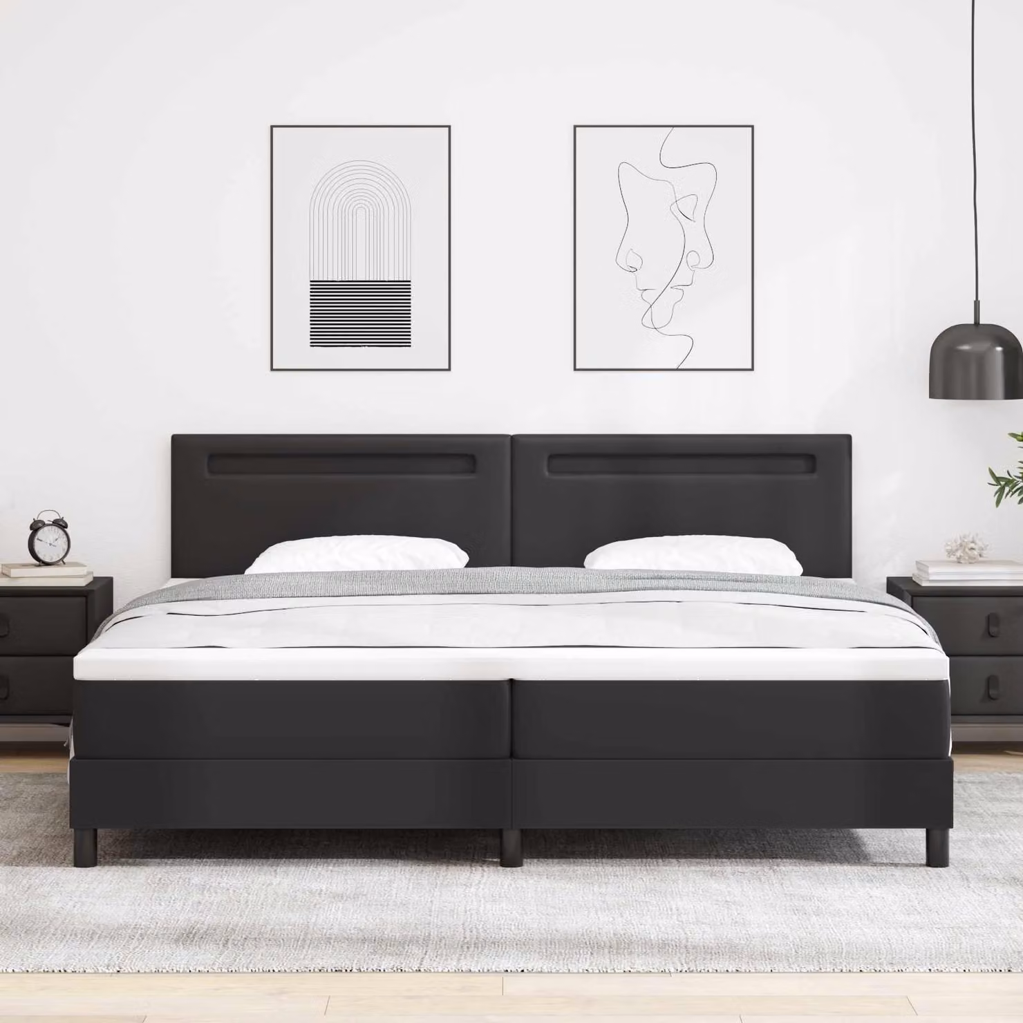 Letto a molle con strisce LED vidaXL in pelle sintetica nera, L/P/H: 200 x 200 x 28 cm