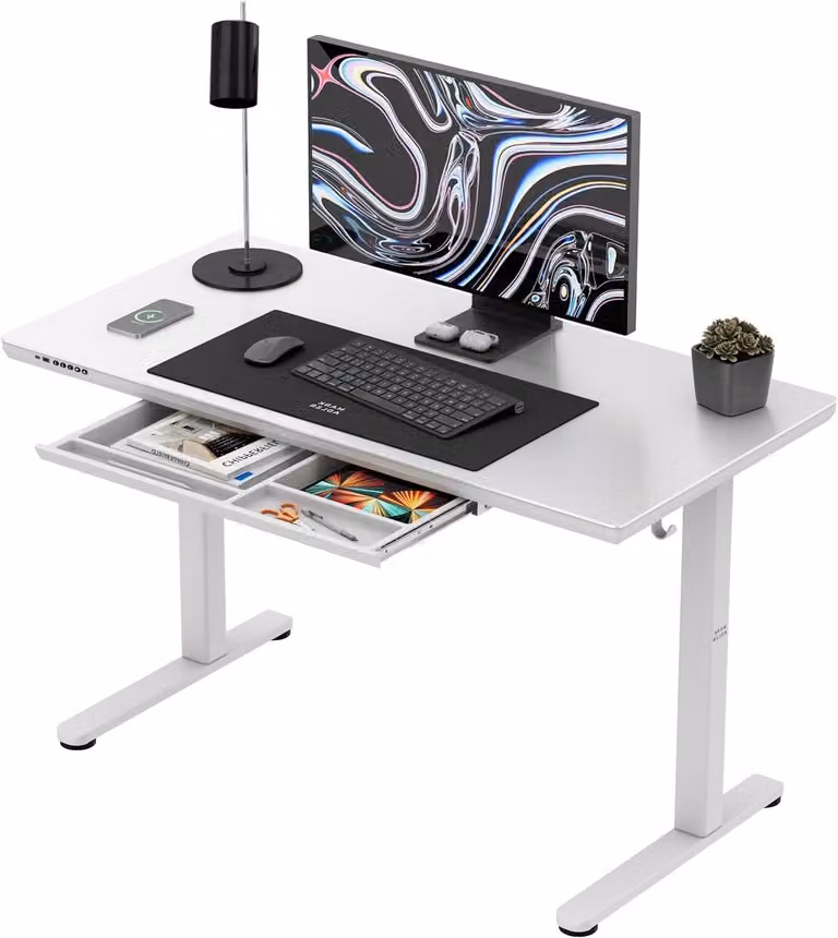 Scrivania regolabile elettricamente, con piano in vetro opaco, cassetto, porta USB-C e ricarica wireless, dimensioni 120x60 cm