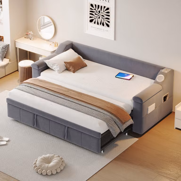 MODFU Letto pieghevole, 90/180 x 190 cm, letto imbottito con vani portaoggetti e rete, letto matrimoniale con letto estraibile e caricatore USB, senza materasso, grigio