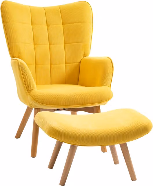 Poltrona Relax HOMCOM con Pouf in Effetto Corda e Gambe in Legno, Giallo – 1