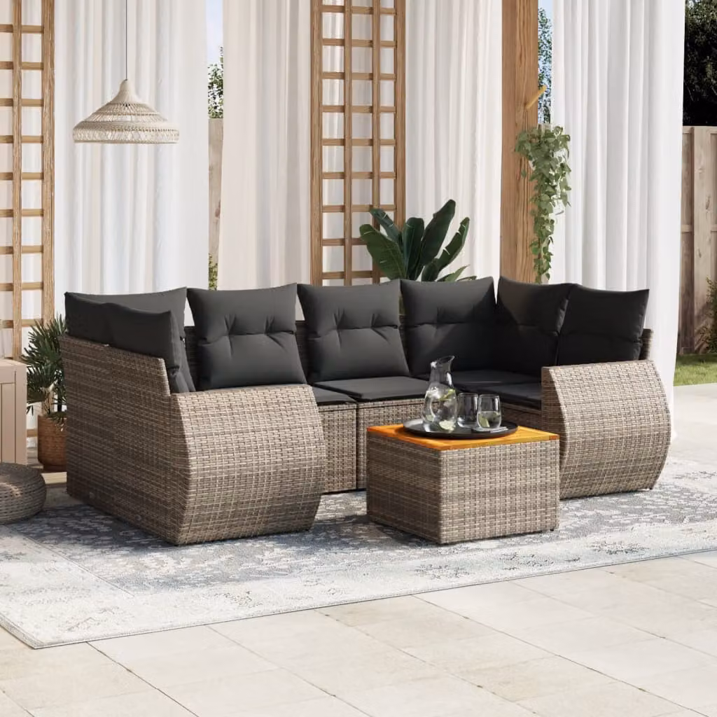 vidaXL Set Divani da Giardino 7 pz in Polyrattan Grigio con Cuscini e Tavolino da Esterno – 1