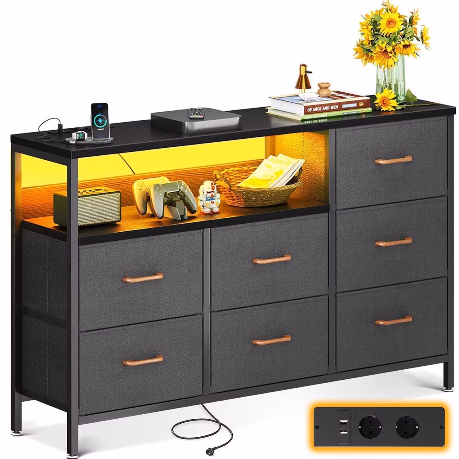 Comodino con 7 cassetti rivestiti in tessuto, illuminazione LED, 2 porte USB e 2 prese di corrente, dimensioni 132x30x89 cm, colore nero