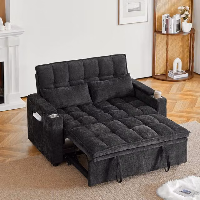 Desviae Divano letto tre funzioni in ciniglia nero con funzione reclinabile vani portaoggetti e portabicchieri 142 cm