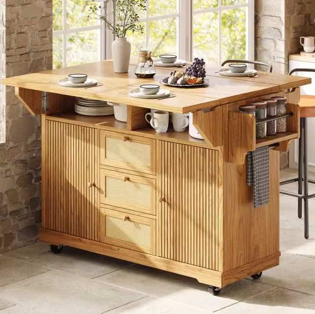 Carrello cucina pieghevole 142;5x80x95 cm in MDF e metallo; effetto legno naturale