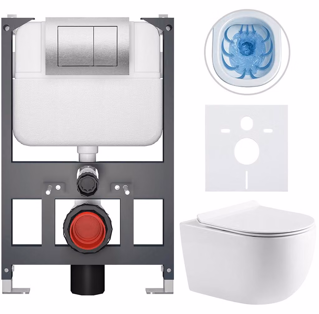 CERANO - Set WC da incasso Felci - bianco lucido - pulsante Prime/Maxio, argento - sospeso - modulo basso - installazione pre-parete/cartongesso - 53x37 cm