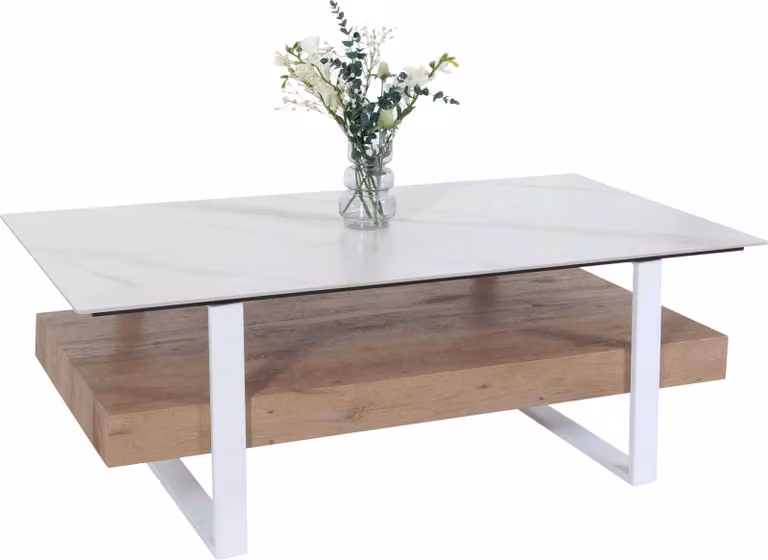 Tavolino HWC-L88, tavolo da salotto, mensola in ferro 43x120x60cm pietra sinterizzata aspetto marmo bianco legno naturale