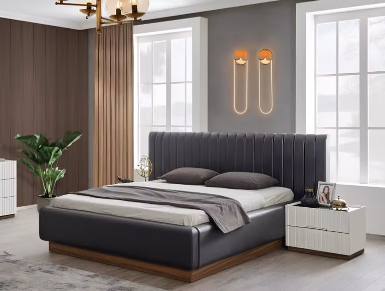 Graues Doppelbett Luxuriöse Polstermöbel Edle Schlafzimmer Holz Betten
