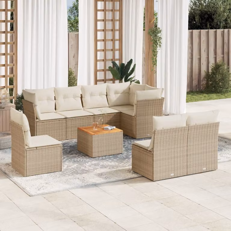 vidaXL Set Divano da Giardino 9 pz in Polyrattan con Cuscini Beige e Tavolino da Esterno