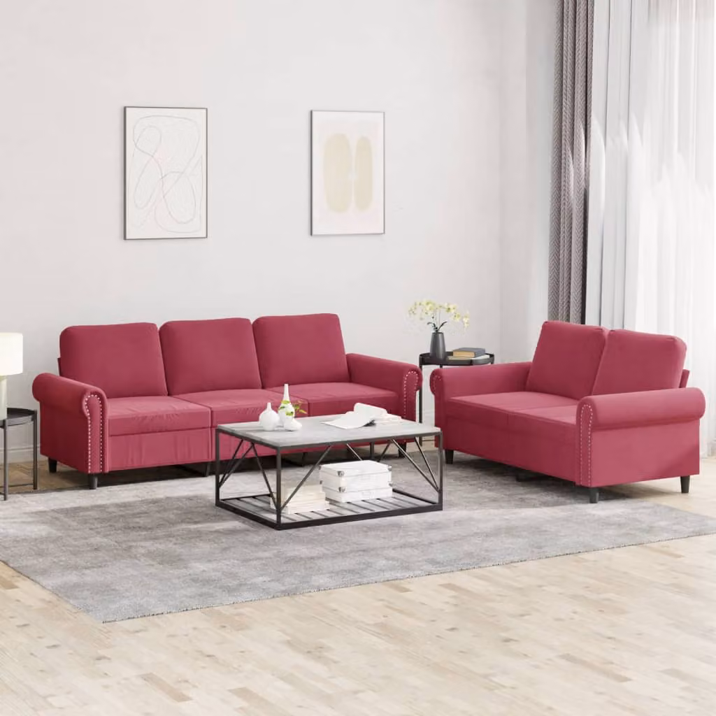 Set di 2 divani vidaXL in velluto rosso con cuscini per soggiorno in stile moderno
