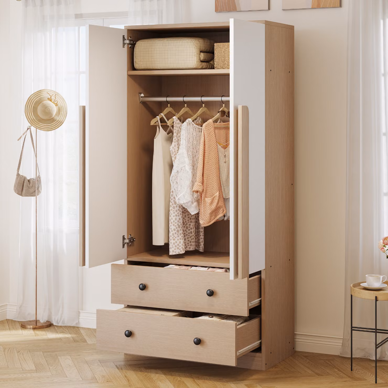 Armadio Okwish 70×40×170 cm, ampio spazio contenitivo, modello a doppia anta, con cassetti e ripiani, legno + bianco
