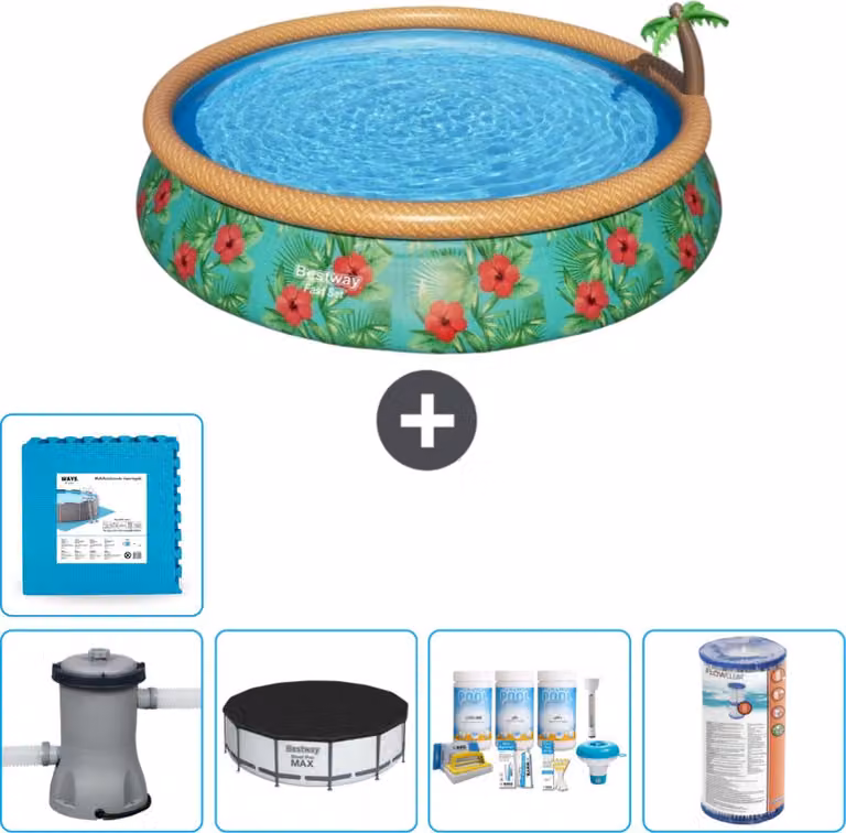 Piscina gonfiabile rotonda Bestway ad ambientazione rapida - Paradise Print - 457 x 84 cm - inclusa copertura della pompa - pacchetto manutenzione - filtro - piastrelle per il pavimento