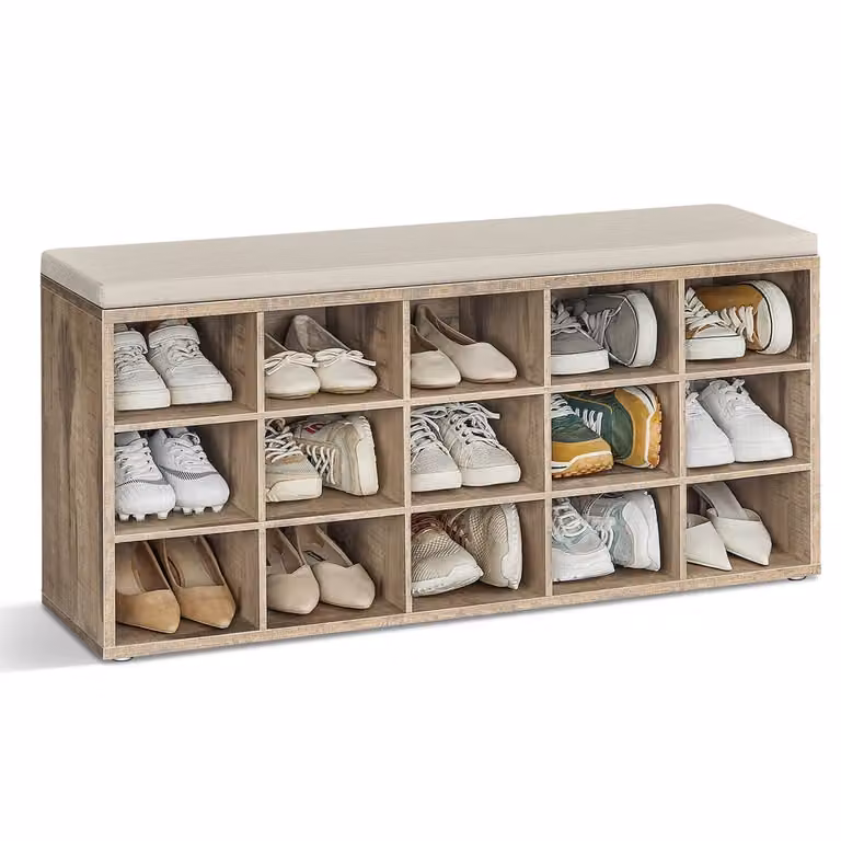 Panca Scarpiera con Seduta Imbottita e Scomparti Ingresso, Marrone Cammello + Beige Cappuccino / 15 Scomparti (105L cm)