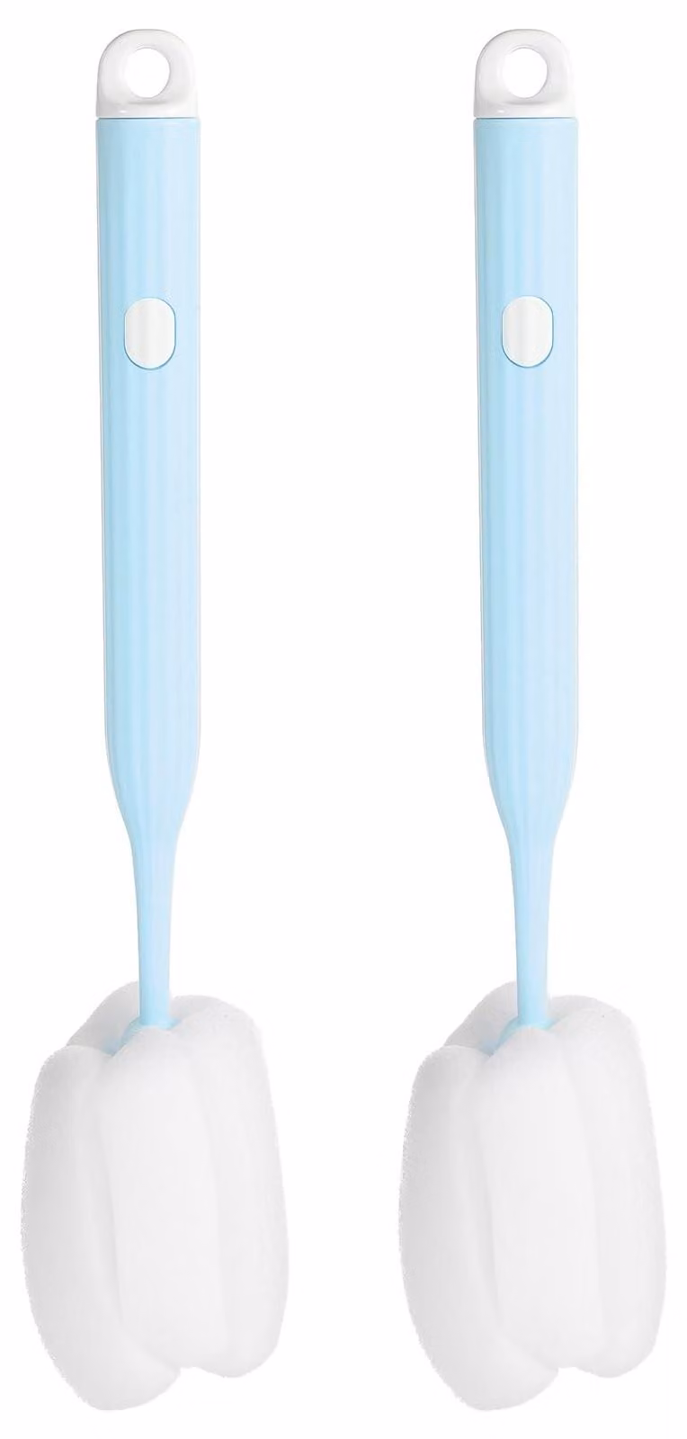 Spazzola per la pulizia di bottiglie, 27 cm, confezione da 2, con testina in spugna, colore azzurro chiaro