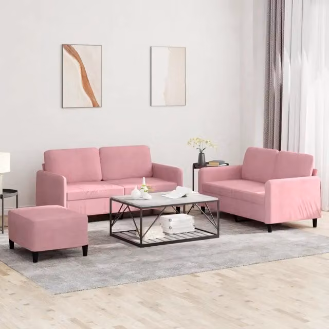 Set di divani 3 pezzi vidaXL in velluto rosa per soggiorno moderno con cuscini inclusi – 1