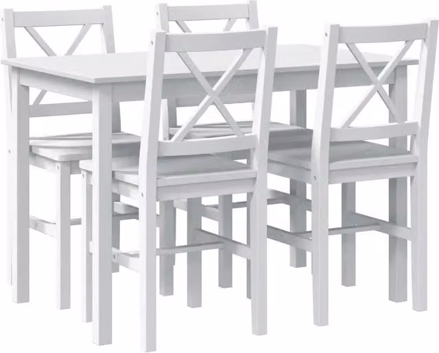 Set da pranzo moderno composto da tavolo rettangolare e 4 sedie in legno di pino laccato bianco