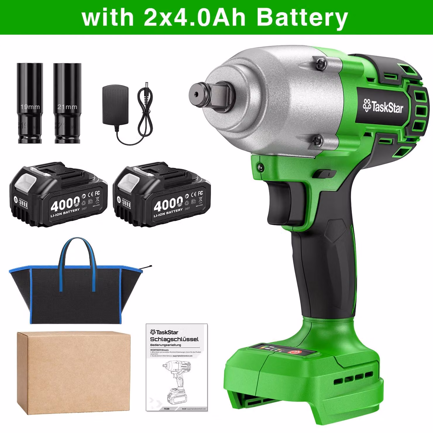 Avvitatore a percussione a batteria - Avvitatore a percussione - Attacco da 1,27 cm - 1300 Nm - Motore brushless - 2 batterie da 4,0 Ah - Alimentazione a batteria