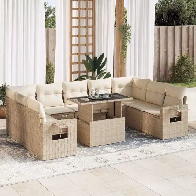 Set Divano da Giardino 10 Pezzi vidaXL in Polyrattan con Cuscini Beige e Bianco per Terrazza o Giardino
