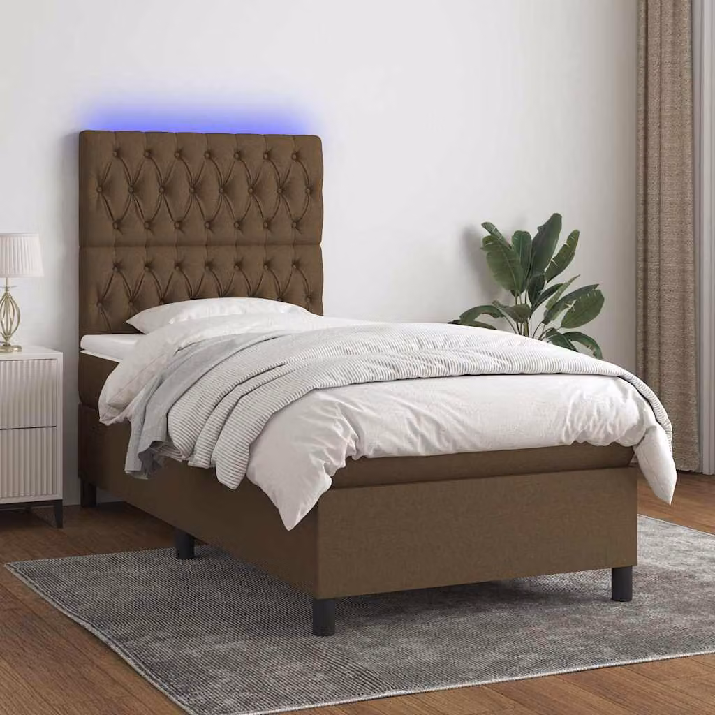 Letto Ibrido con Materasso e Illuminazione LED vidaXL in Tessuto Marrone Scuro, L/P/H: 90 x 190 cm – 1