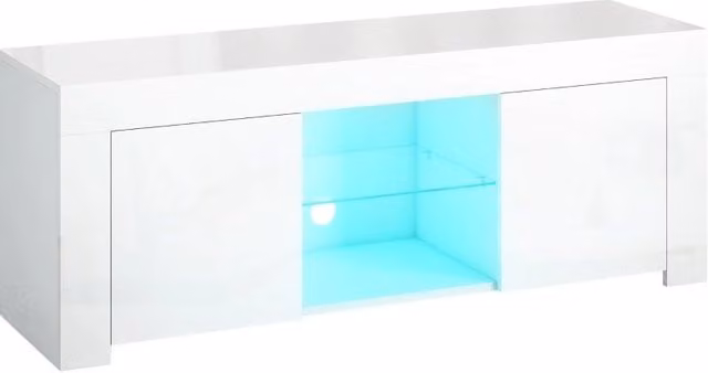 Mobile TV bianco con LED RGB, 2 ante, mensola in vetro e passacavi, 120x34x45 cm
