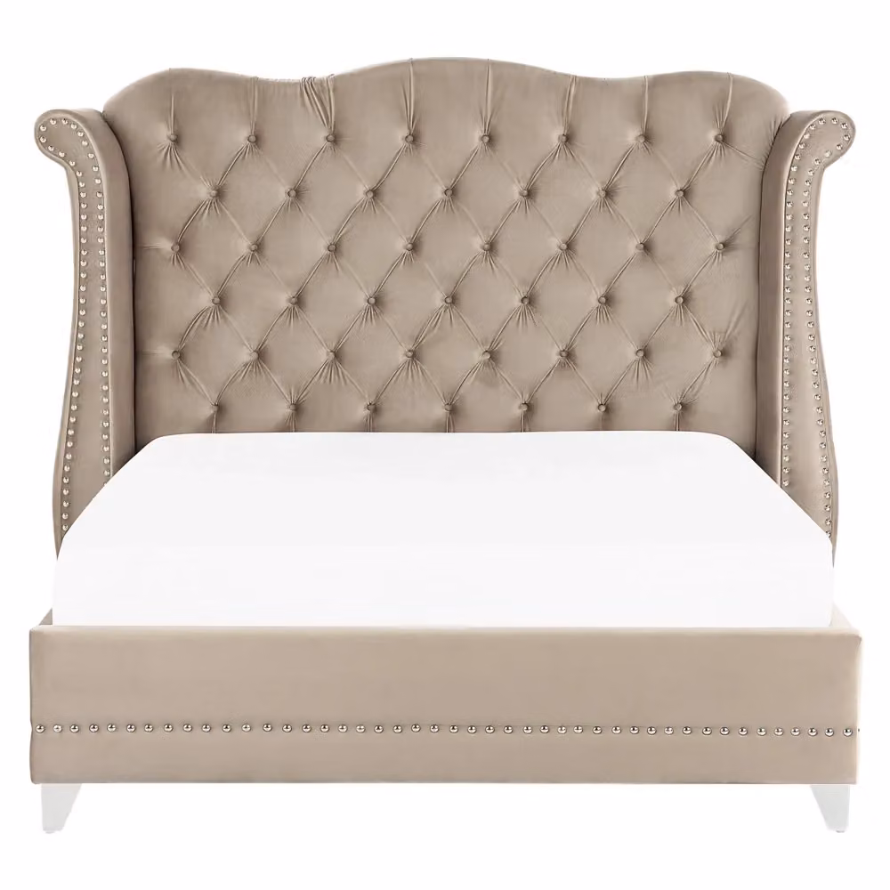 Letto Beliani in velluto beige con testiera alta decorata e struttura in legno di pino L/P/H: 180 x 200 cm – 2