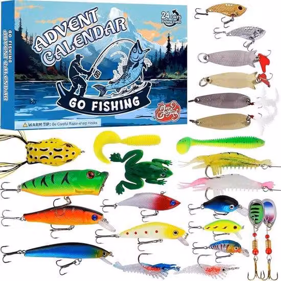 Calendario dell'Avvento - 24 giorni per contare i giorni che mancano a Natale, scatola regalo - regalo di Natale - set di esche artificiali - kit di accessori da pesca - set da pesca - esche artificiali - con 24 scomparti - 24 colori/forme diverse di ami