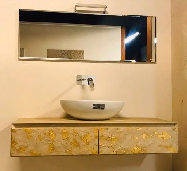 Mobile Bagno Orlandi Bagno Prestigioso in Materia Resina Oro e Bianco con Ante e Cassetti Sospeso L: 140 cm