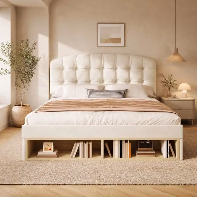 Letto matrimoniale imbottito 140x190 cm in velluto beige con testiera regolabile e cassetti