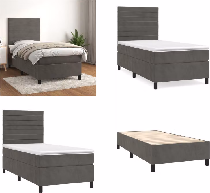 vidaXL Letto a molle con materasso grigio scuro 100x200 cm in velluto - Letto a molle - Boxspringbetten - Bett - Schlafzimmermöbel